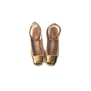 YSL Sandals Gold Toe Slingback Taupe Suede Sandals Size 38 |  7.5 US